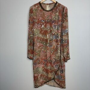 Vtg Judith Ann Creations Sequin 100% Silk Abstract India Long Sleeve Dress Sz S